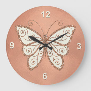 Horloge murale rose élégante de papillon d'or