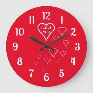 Horloge murale rouge avec coeurs blancs Love