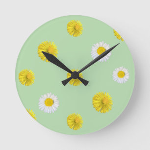 Horloge murale verte Pissenlit jaune et Marguerite