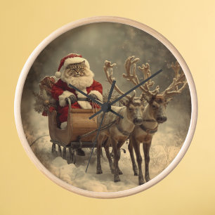 Horloge Noël Père Noël Chat Rétro Vintage Hiver Renne