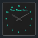Horloge noire et turquoise Texte et couleurs perso<br><div class="desc">Conception personnalisée Votre propre texte et couleurs personnalisés - Horloges murales en noir et turquoise - Ajouter votre texte / nom - Choisissez / ajoutez votre arrière - plan favori et vos couleurs numériques / police / taille ! Redimensionnez et déplacez ou supprimez et ajoutez du texte / des éléments...</div>