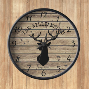 Horloge Nom de famille rustique Bois Cabane Cerf Buck Gran