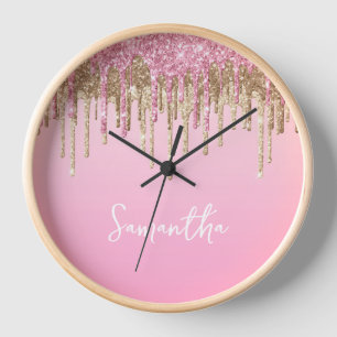 Horloge Nom de la Parties scintillant de séchage rose et o