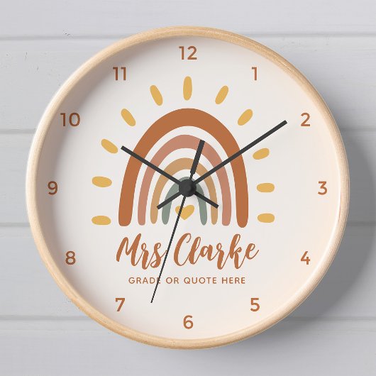 Horloge Nom de l'enseignant personnalisé Citation Boho Rai