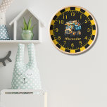 Horloge Nom personnalisé Véhicules de construction Baby Bo<br><div class="desc">Ajoutez une touche de charme ludique à la crèche de votre bébé garçon avec notre nom personnalisé Construction Véhicules Baby Boy Horloge. Doté d'adorables modèles de véhicules de construction et customisé avec le nom de votre bébé garçon, cette horloge est à la fois fonctionnelle et délicieuse. Conçu avec précision et...</div>