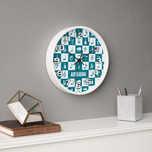 Horloge Notes et instruments de musique turquoise et blanc (Bureau)