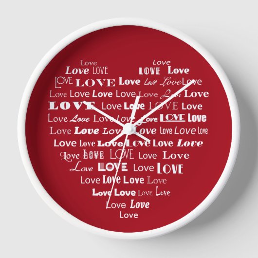 Horloge Nuage de mots Cœur Amour - Blanc sur Rouge foncé (Recto)