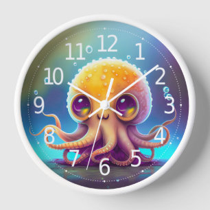 Horloge Oeuvre Alien de pieuvre jaune très colorée