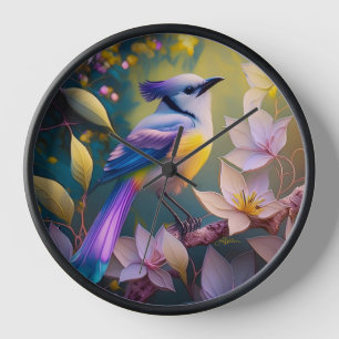 Horloge Oiseau Fantastique Violet à Tufté et Poitrine Jaun