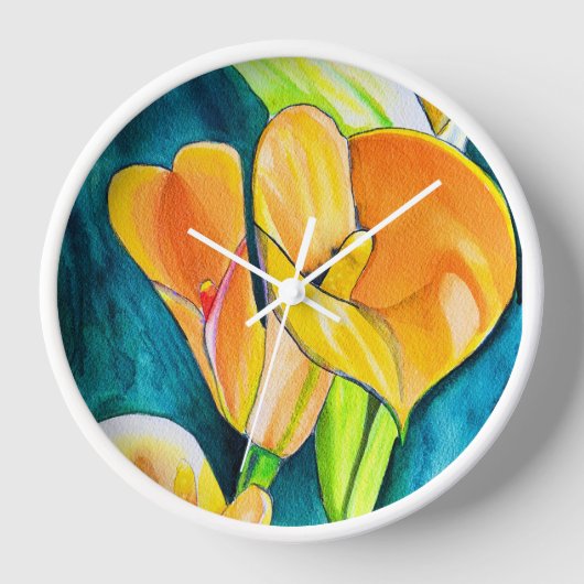Horloge Orange Calla fleurs de laine aquarelle art (Recto)