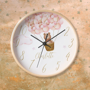 Horloge Ours en peluche et ballons roses personnalisés