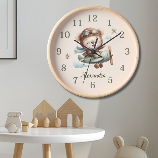 Horloge Ours en peluche vert Boho personnalisé