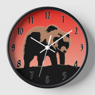 Horloge Ours Grizzly au Coucher de Soleil - Art Animalier 