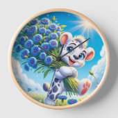 Horloge Ours joyeux avec des fleurs bleues (Recto)