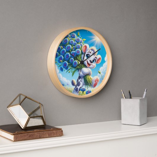 Horloge Ours joyeux avec des fleurs bleues (Bureau)