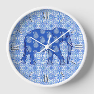Horloge Paisley elephant - cobalt blue and white