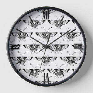 Horloge Papillon déco stylisé - blanc et noir