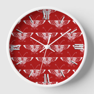 Horloge Papillon déco stylisé - rouge foncé et blanc