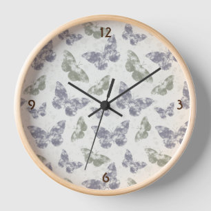 Horloge Papillons en mauve & sauge, aquarelle grungy