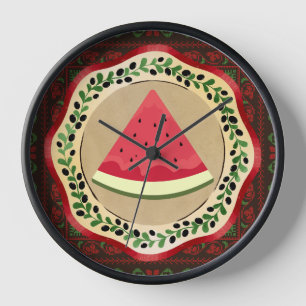 Horloge pastèque sur plaque d'olive avec tatreez palestini