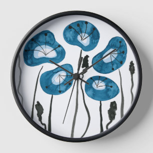 Horloge Pavot bleu paon, Fleurs Abstraites d'aquarelle