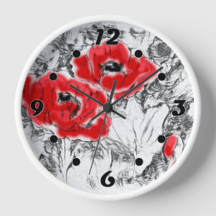 Horloge Pavots rouges floraux dessinés à la plume à main f