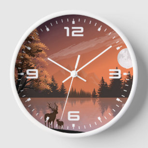 Horloge Paysage du lever du soleil avec lac et Deers-51207