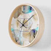 Horloge Peinture Abstraite d'art fluide en or bleu (Angle)