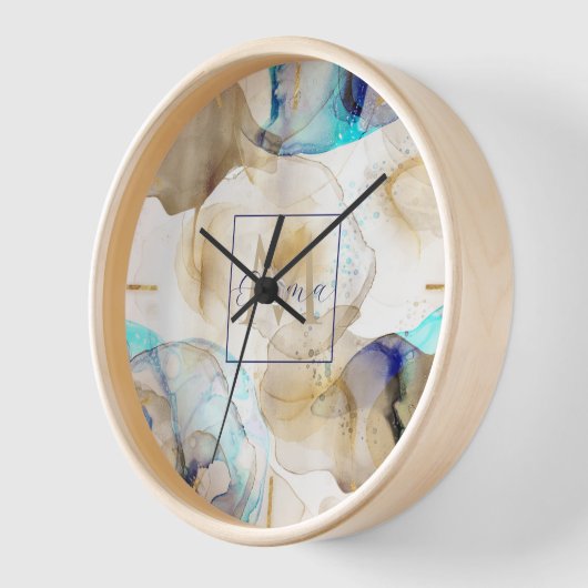 Horloge Peinture Abstraite d'art fluide en or bleu (Angle)