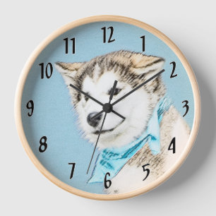Horloge Peinture de chiot Husky sibérien - Art original de