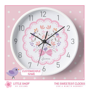 Horloge Pépinière Florale Rose Personnalisée Filles