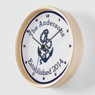 Horloge Personalized Family Nom Nautical Navy Anchor
