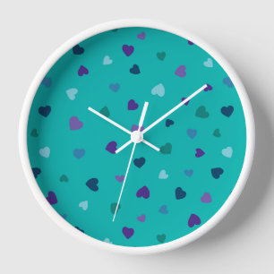 Horloge Petits cœurs, violet, sarcelle, bleu sur turquoise