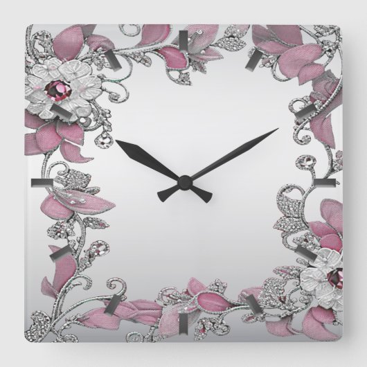 Horloge Pink Argent Blanc Floral Mur (Recto)