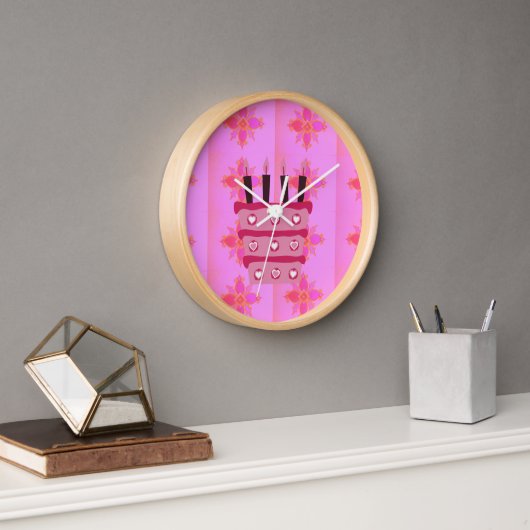 Horloge Pink Bird Cake Art Imprimer (Bureau)