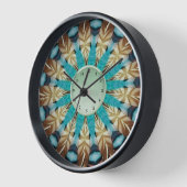 Horloge Plumes Turquoise, marron, bleu et vert Mandala (Angle)