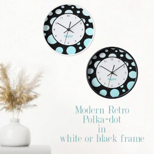 Horloge Polka-dots rétro moderne bleu blanc et noir
