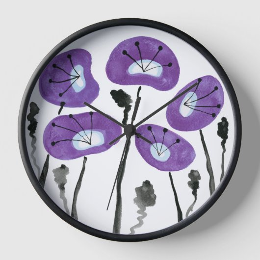 Horloge Poppies pourpres modernes du milieu du siècle, Fle (Recto)