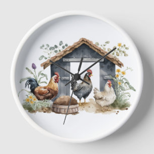 Horloge Poulets d'aquarelle en coop