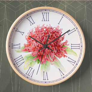 Horloge Red waratah Watercolor floral wall clock