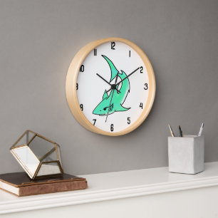 Horloge requin souriant de dessin animé bleu vert océan an