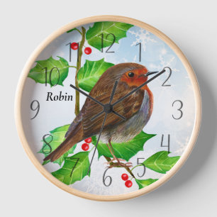 Horloge Robin Bird sur Holly Watercolor