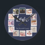 Horloge Ronde 12 Collage photo bleu personnalisé<br><div class="desc">12 Photo Collage Personnalisé Modèle bleu horloge murale .. simplement ajouter vos propres photos et texte à cette grande horloge murale .. facile à personnaliser .. personnalisable horloge modèle photo de Ricaso - idéal-idées cadeaux</div>