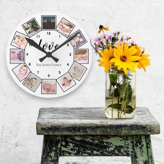 Horloge Ronde 12 Photo Collage Personalized Black White