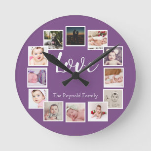 Horloge Ronde 12 Photo Collage Personalized Purple