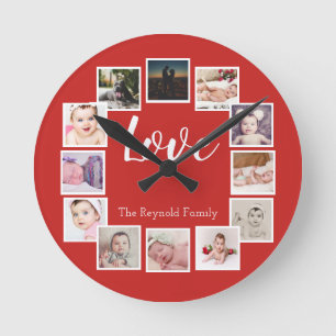 Horloge Ronde 12 Photo Collage personnalisé rouge