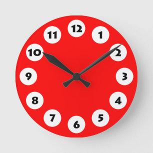 Horloge Ronde 12 Spots - Black with White on Red