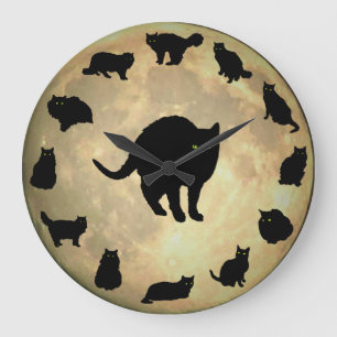 Horloge Ronde 13 Chats noirs et une grande Pleine lune