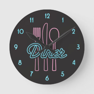 Horloge Ronde 1950s Neon Diner Pink, Blue silverware Round Clock