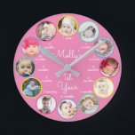 Horloge Ronde 1st Year of Photos Girl Nursery Round Clock<br><div class="desc">This cute fiful design space for a photo from each month of baby girl's first year, along with baby's name or your own personal text! Click the customize button for more options for modifying the text Variations of this design, additional colors, as well as coordinating products are available in our...</div>